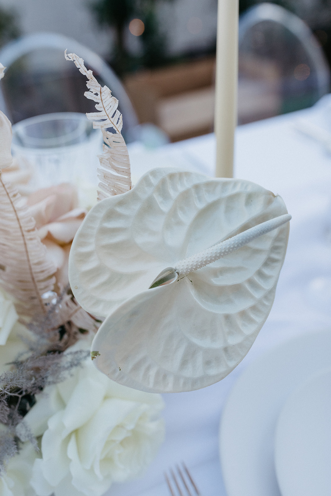 White Anthurium Plant in Reception Table Florals for Modern Vegas Wedding 