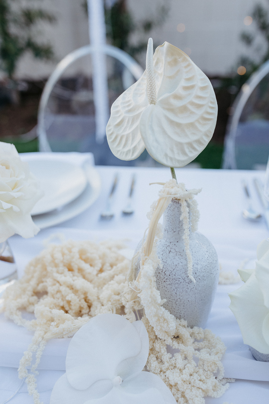 White Anthurium in Vase on Reception Table in Modern Las Vegas Wedding 