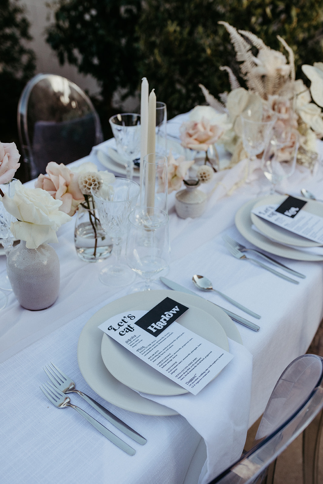 Black and White Modern Vegas Let's Eat Menu and Name Cards for Backyard Wedding Reception 