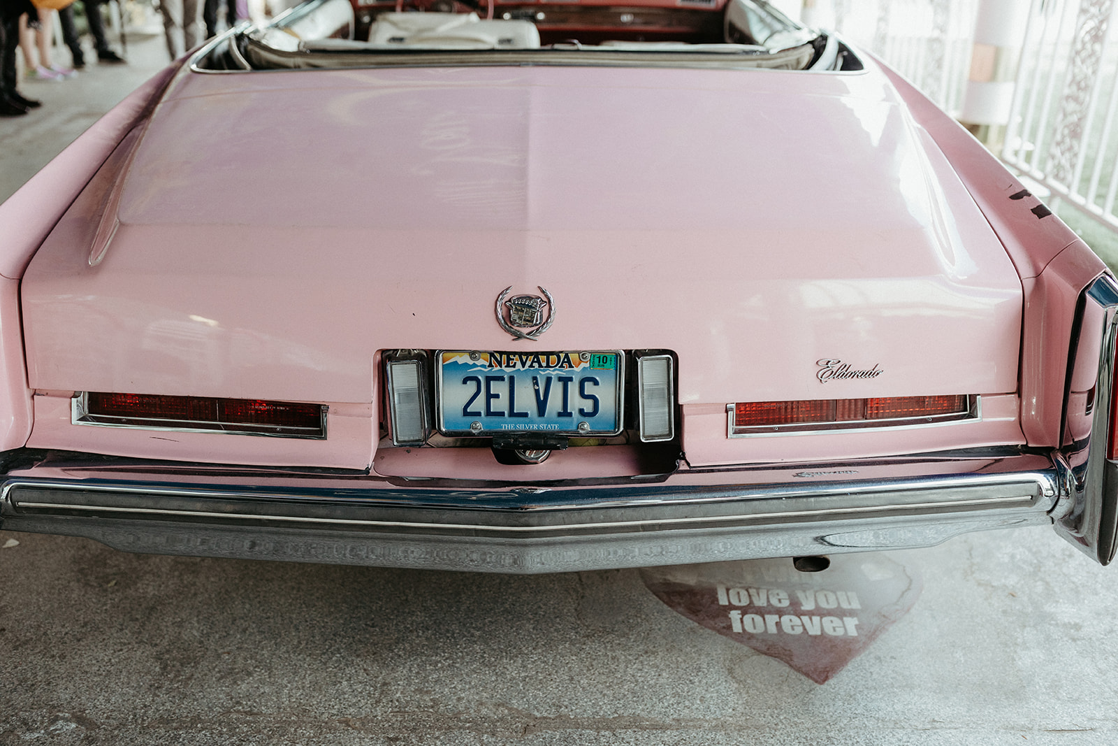 Back End of Pink Cadillac with 2Elvis License Plate  in Little White Wedding Chapel in Las Vegas 