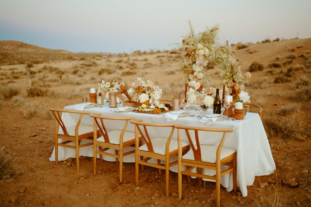 Micro-Wedding Reception at Ash Springs. Beautiful desert chic sweetheart table in the middle of ash springs. 