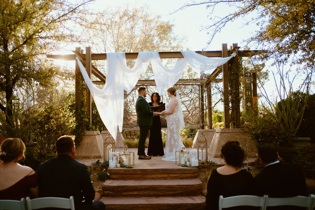 Altar Set-up with Linen and Lanterns at Springs Preserve Greenery Elopement