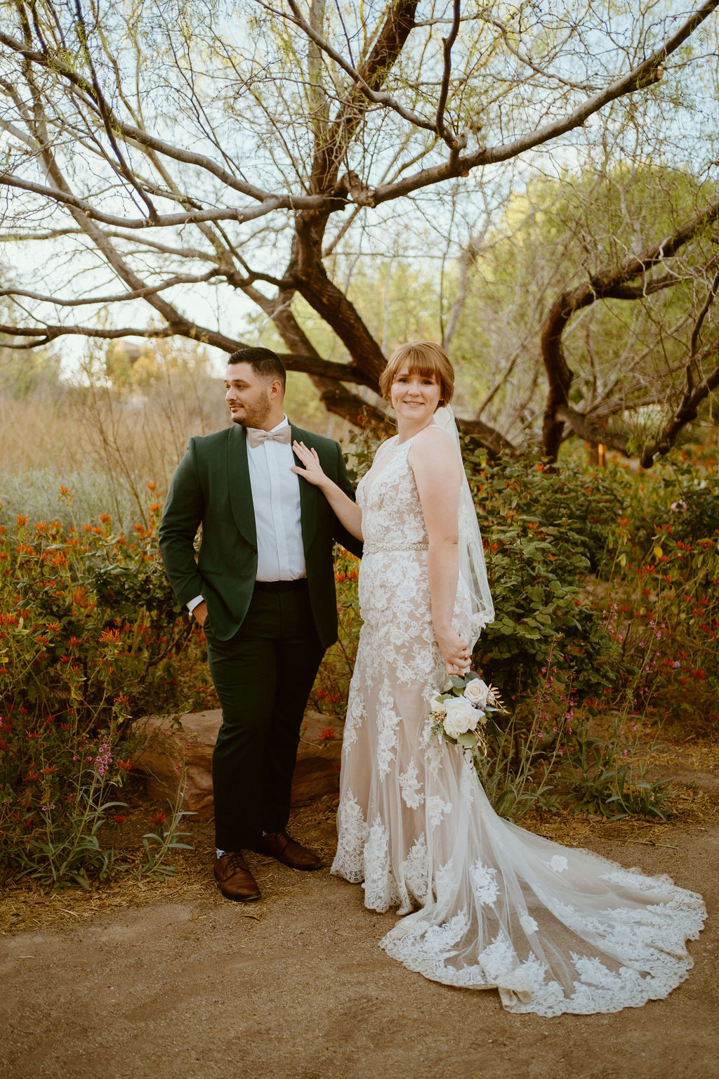 Bride and groom for Springs Preserve Greenery Elopement