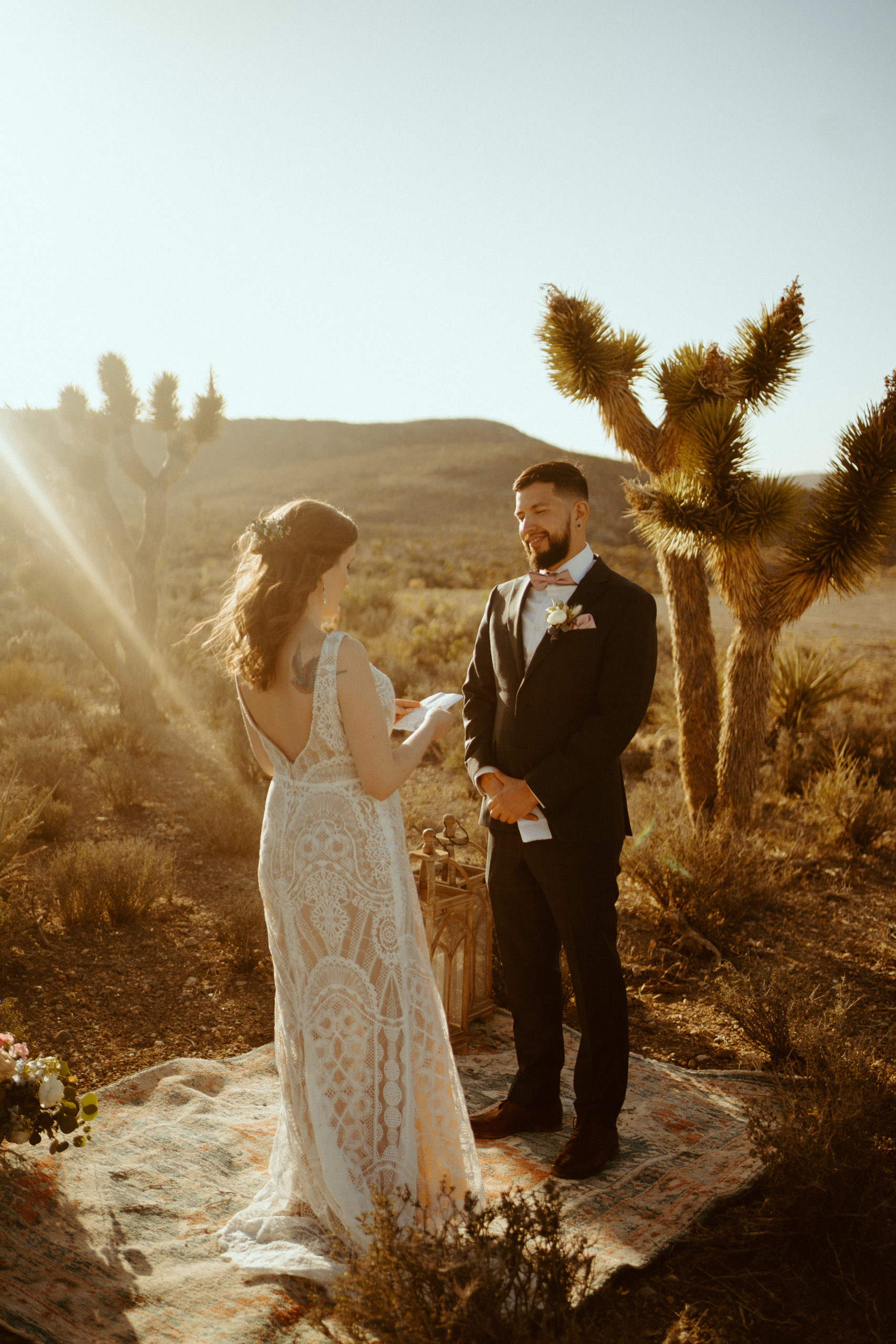 Couple sharing vows in Las Vegas location with Joshua trees 