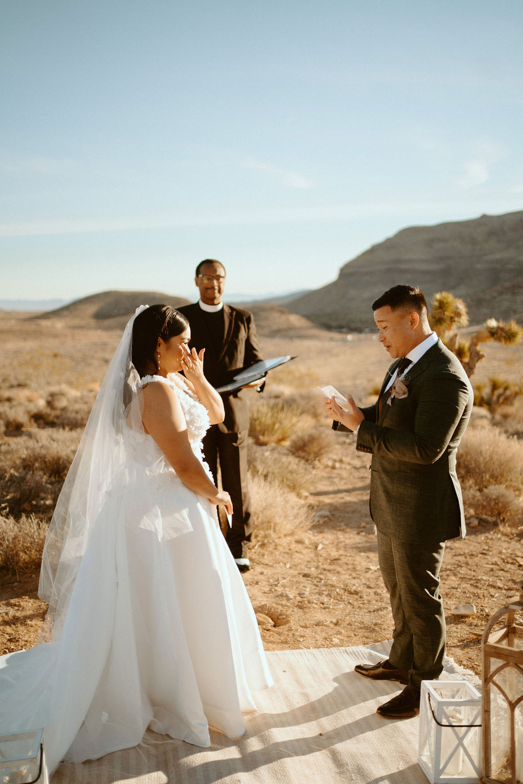 Bride crying at Groom's Vow's in Las Vegas Highlights & Desert Elopement