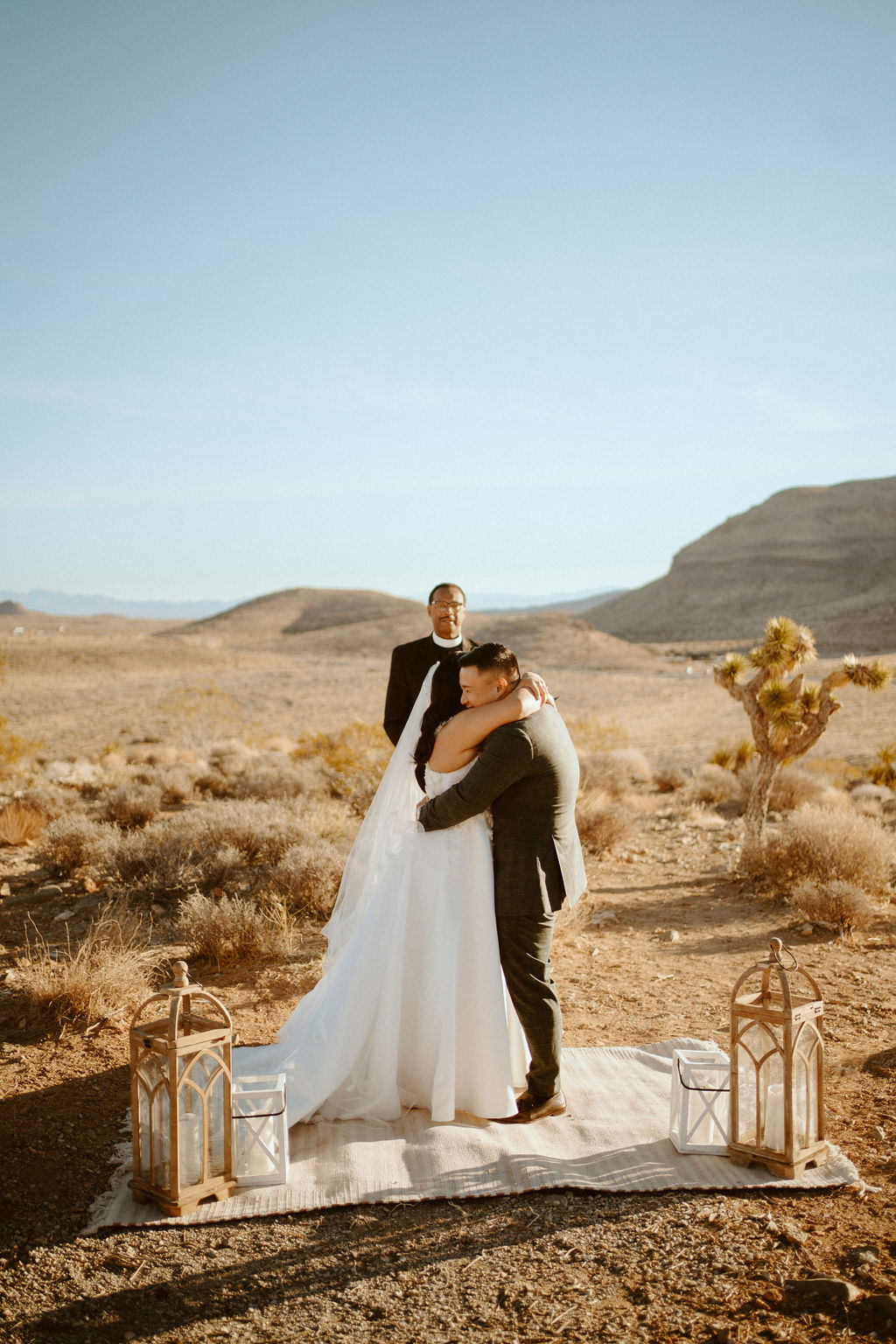 Newlyweds Hugging Las Vegas Highlights & Desert Elopement
