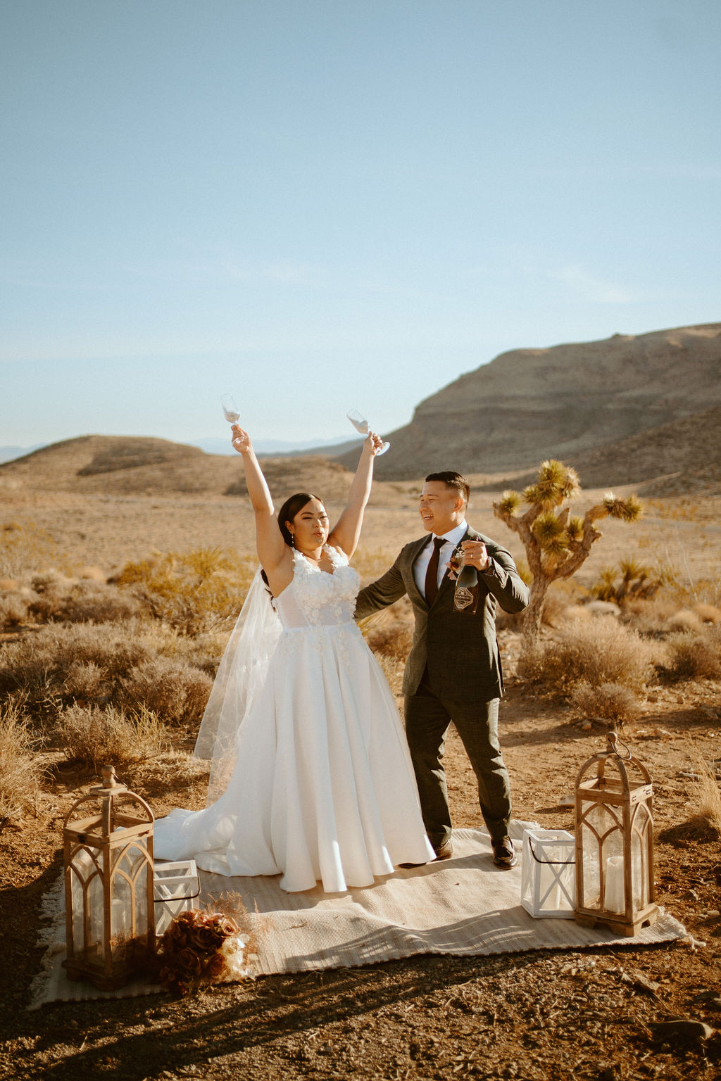 Bride holding up to champagne glasses in celebration fo getting married in Red Rock Canyon 