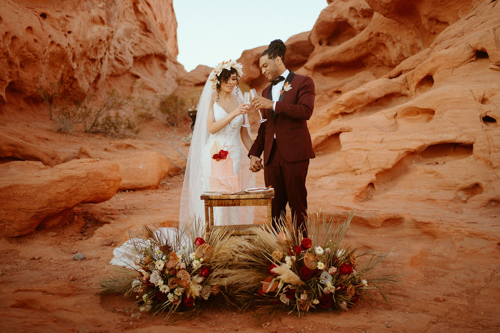 Romantic Mauve & Desert Hues Elopement clinking champagne glasses together holding hands.  