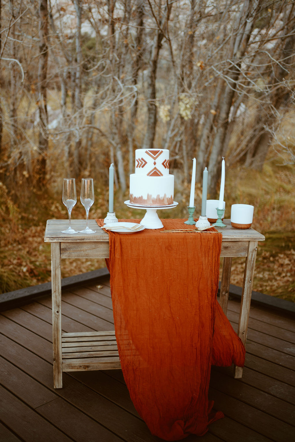 White and Terra-cotta Western Boho 2-tier Elopement Cake & Table with Turquoise accents 