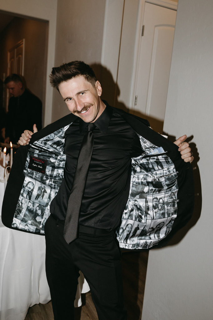 Groom with custom jacket with photos printed inside 