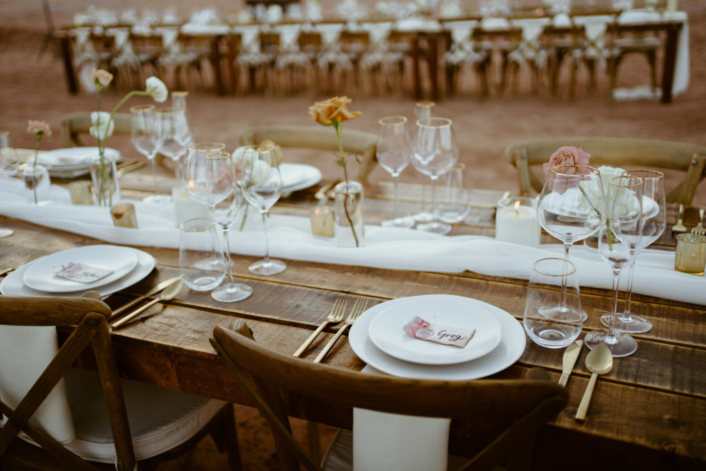 What is a Timeless & Romantic Styled Wedding. Timeless and minimal wedding tablescape on a farm table