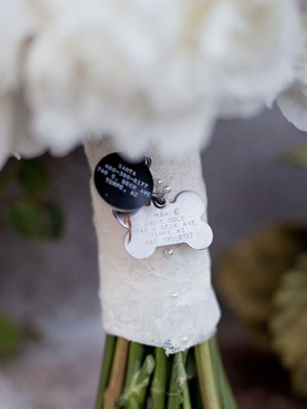 How To Include Your Dog on Your Wedding Day! Bridal bouquet with dog tags 