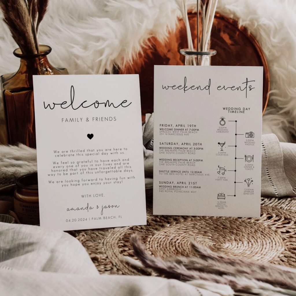 The Official List of 2023 Wedding Trends! Full weekend wedding itinerary and welcome card 