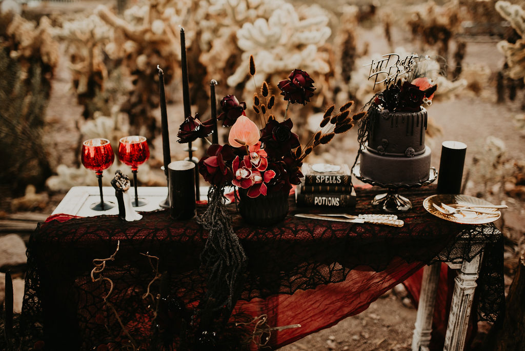 Moody Black and Red Cake Table Decoration fro Halloween Elopement at Nelson's Ghost Town