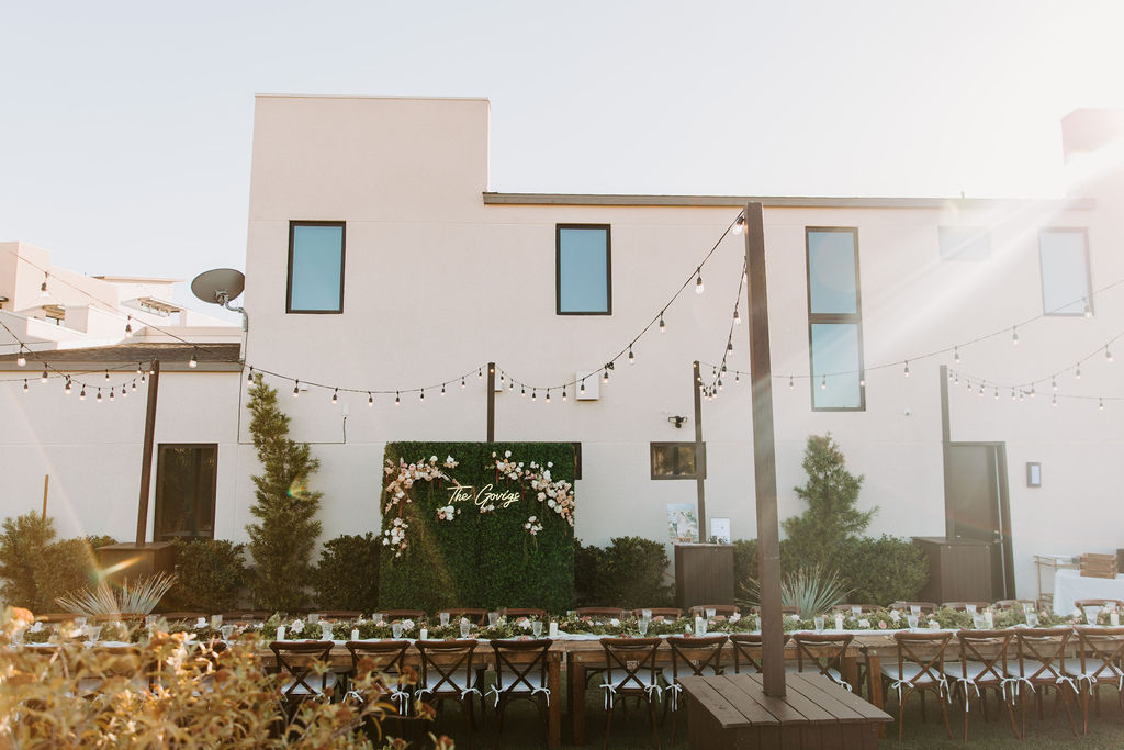 Whimsical Rustic Backyard wedding reception at modern White House and bistro lighting Romantic Desert & Backyard Micro-Wedding