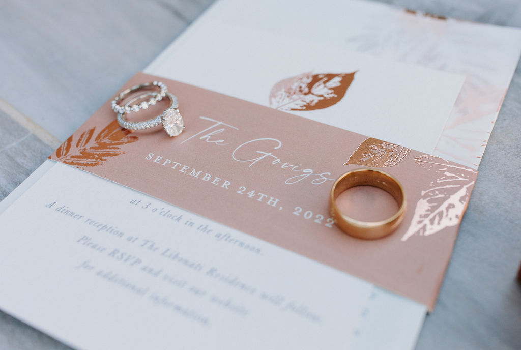 Wedding Rings on Invitation for a soft pink, mauve and sage color scheme. 