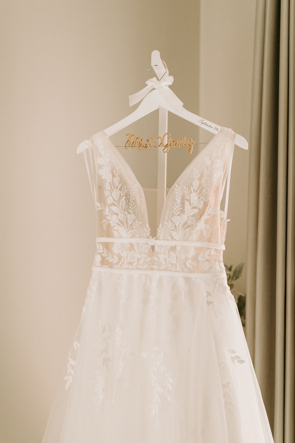 Customized bridal dress hanger with Sheer detailed bridal gown 