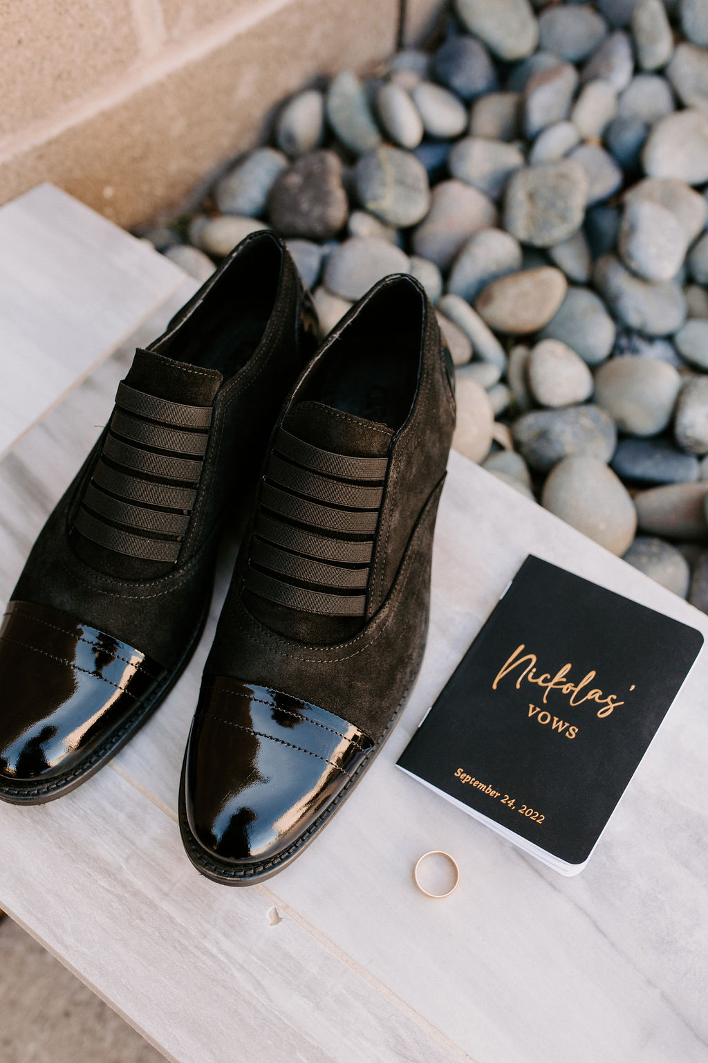 Groom's Wedding Shoes and Custom Black and Gold Vow Book 