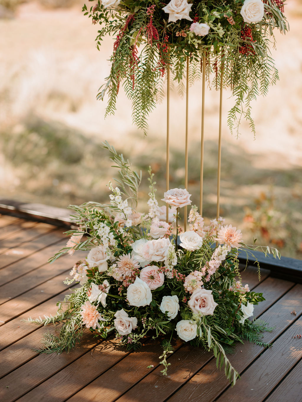 Whimsical Ceremony Decor with Harlow Stands and Soft Pink and Sage Floral for Romantic Desert & Backyard Micro-Wedding 