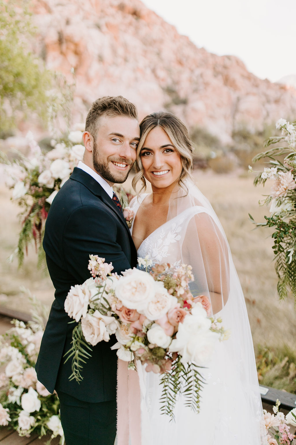 Bride and Groom Smiling for Newlywed photos for Romantic Desert & Backyard Micro-Wedding