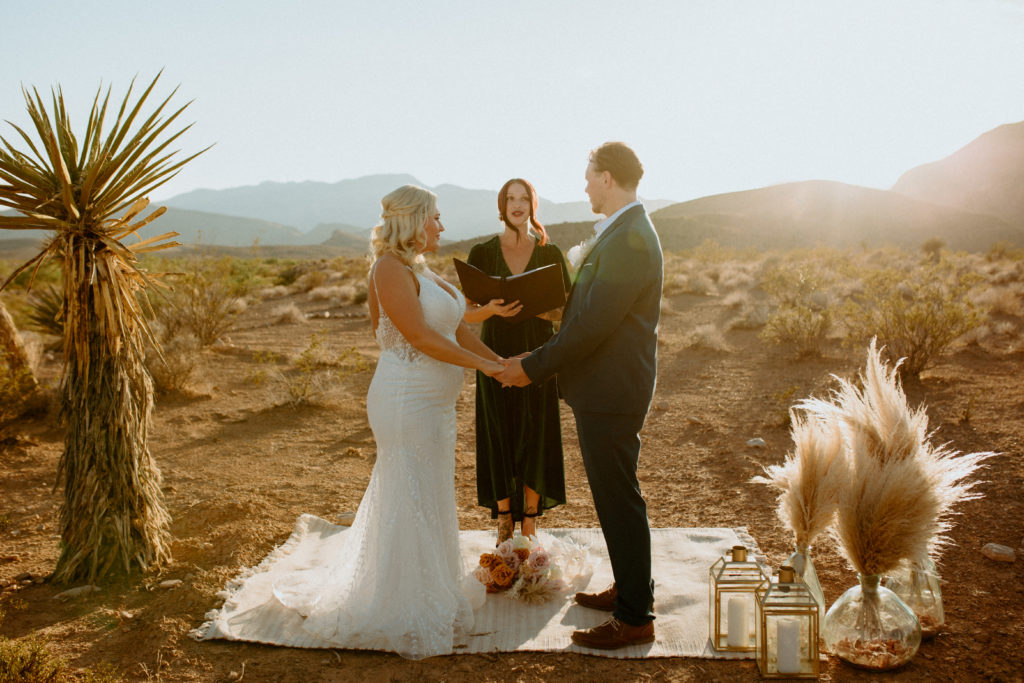 The Ultimate Wedding Timeline. Newlyweds standing at the altar holding hands in the middle of desert love land. 