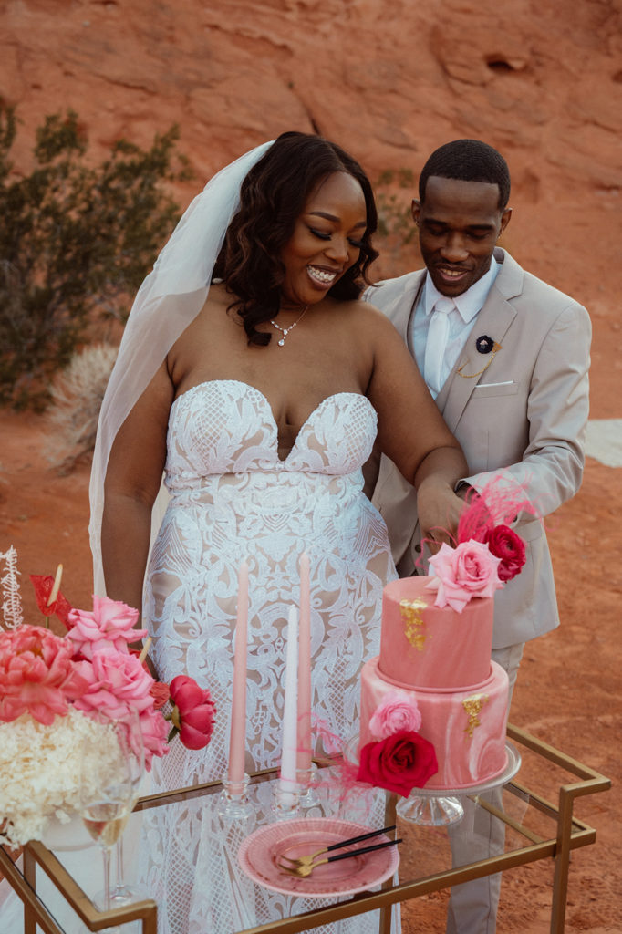 Bold & Colorful in the Vegas Desert. Newlyweds cut into the two tier magenta wedding cake 