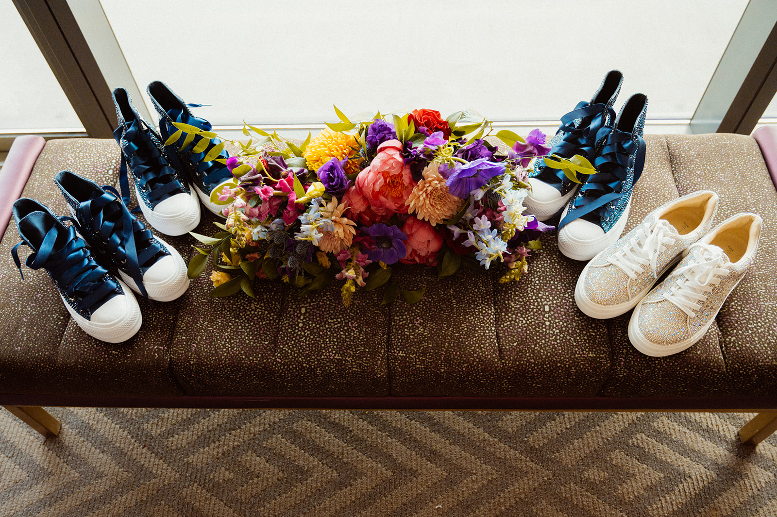 Bold Jewel Toned & Iconic Wedding bouquet with Blue Bridesmaid Tennis Shoes and Sparkly Bride Tennis Shoes 