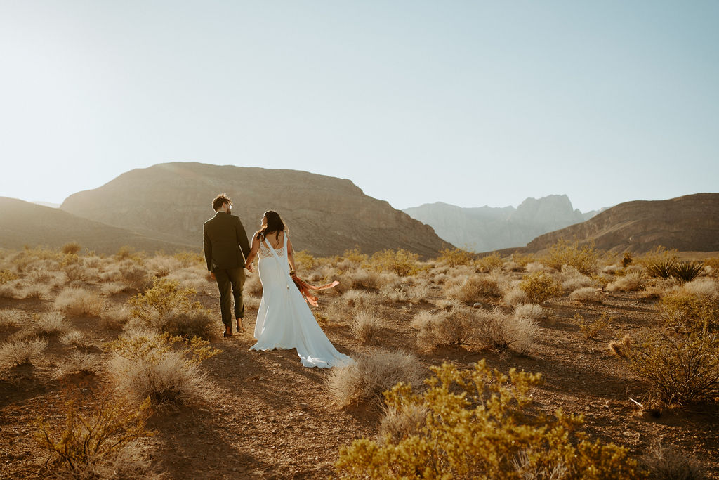 Couple walking in the desert together toward the mountains in the background 