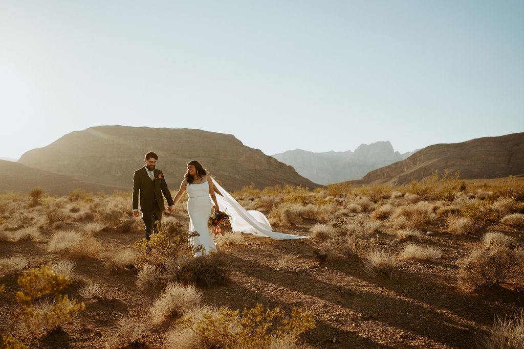 Newlyweds walking through the desert holding hands after getting married 