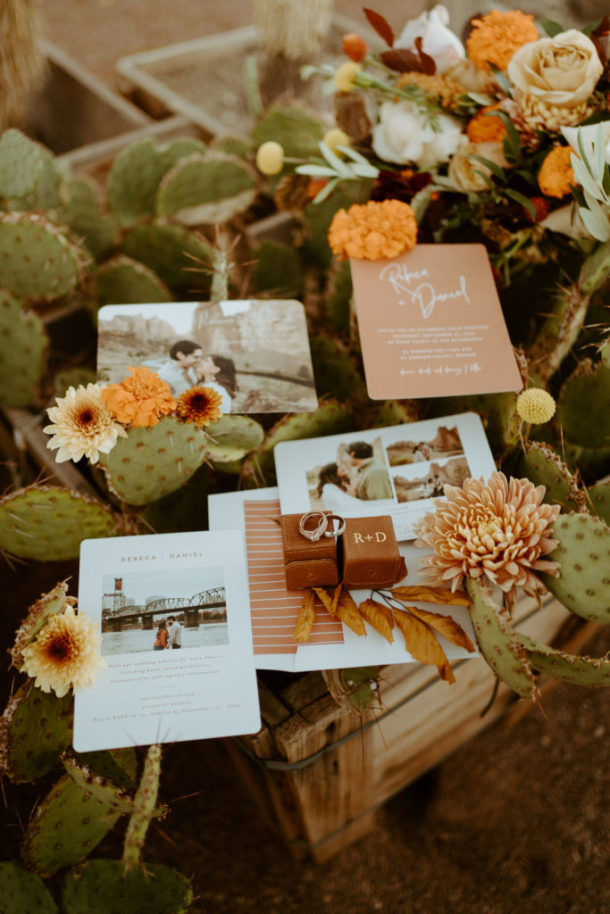 Fall inspired Terracotta, Orange, Blush and Beige Florals and Invitation Suit set up on Prickly Pears 