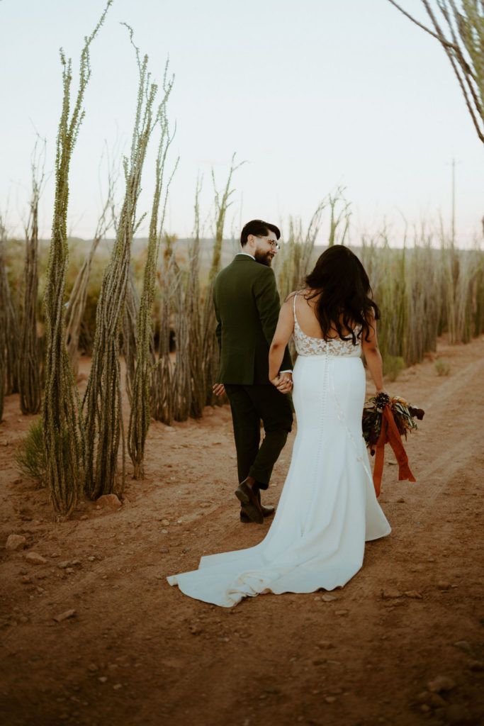 Newlyweds holding hands walking through rows of cactus 
