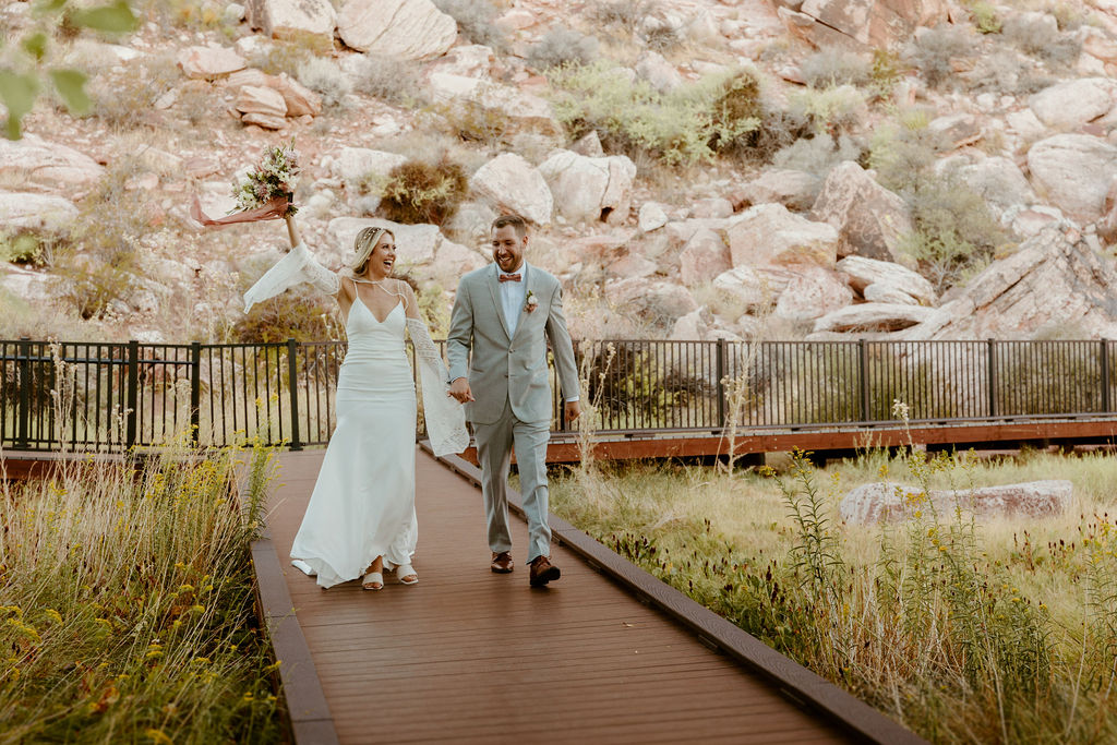 Red Rock Desert & Neon Vegas Lights. Newlyweds make their grand entrance as Mr. & Mrs.