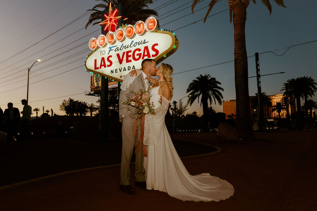 Red Rock Desert & Neon Vegas Lights. Newlywed head down to the famous Las Vegas sign for newlywed photos 