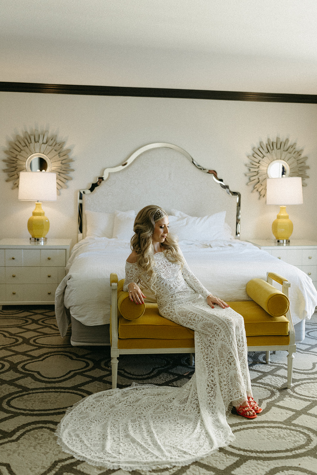 The bride lounged back on a yellow settees
