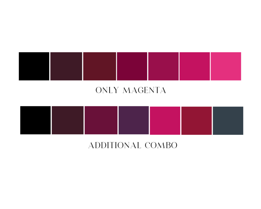 Viva Magenta Color Palettes. A moody color palette with only viva magenta shades and an additional combo with dark complimentary colors 