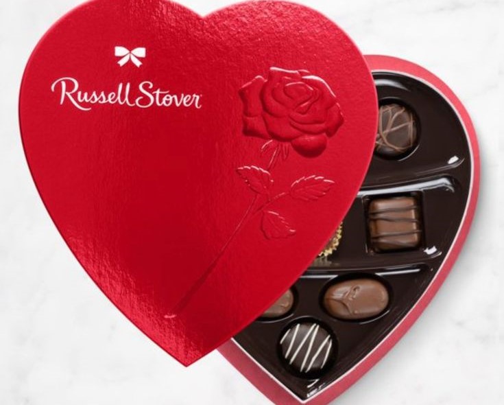 Russell stover chocolate in a red heart shaped container 