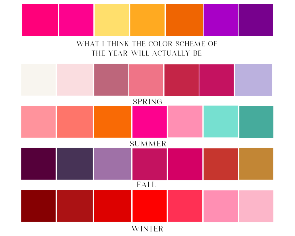 Viva Magenta Color Palettes. Seasonal trend color palettes for 2023 weddings