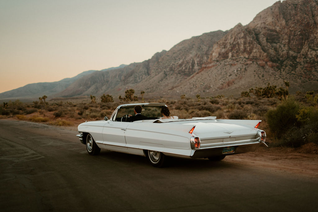 Candles, Pampas, & Romance at Cactus Joe's bride and groom diving off into the sunset in a old school white Cadillac. 