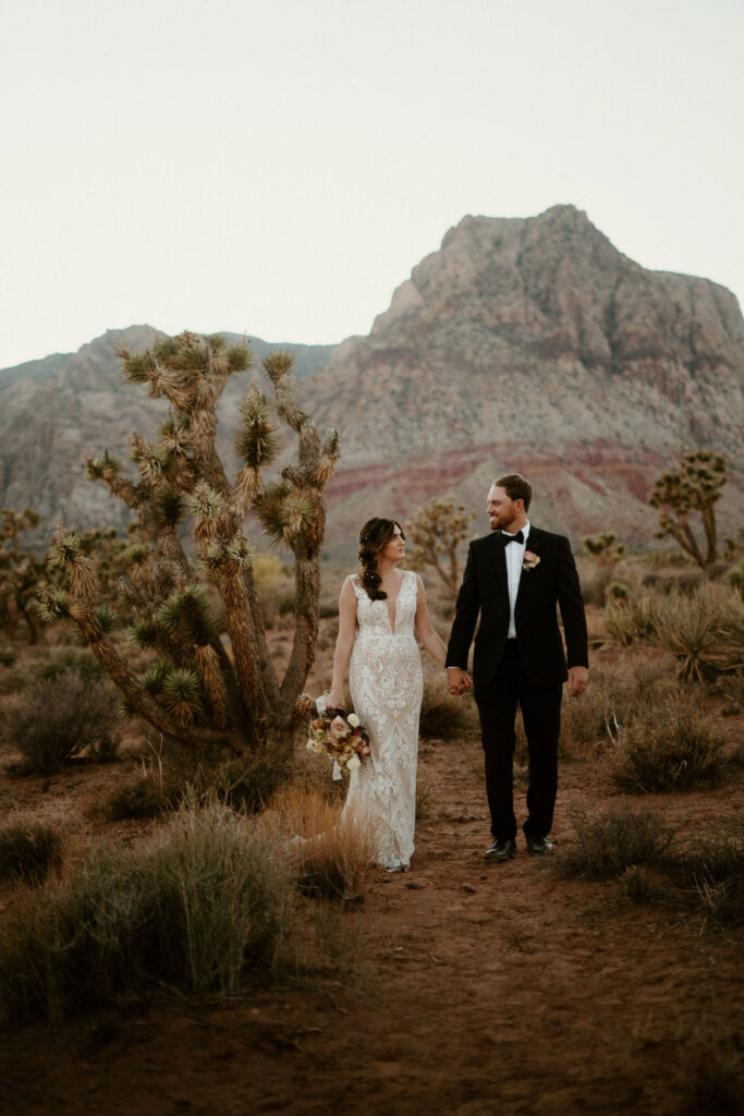 Candles, Pampas, & Romance at Cactus Joe's Bride and groom walking through the Nevada Desert