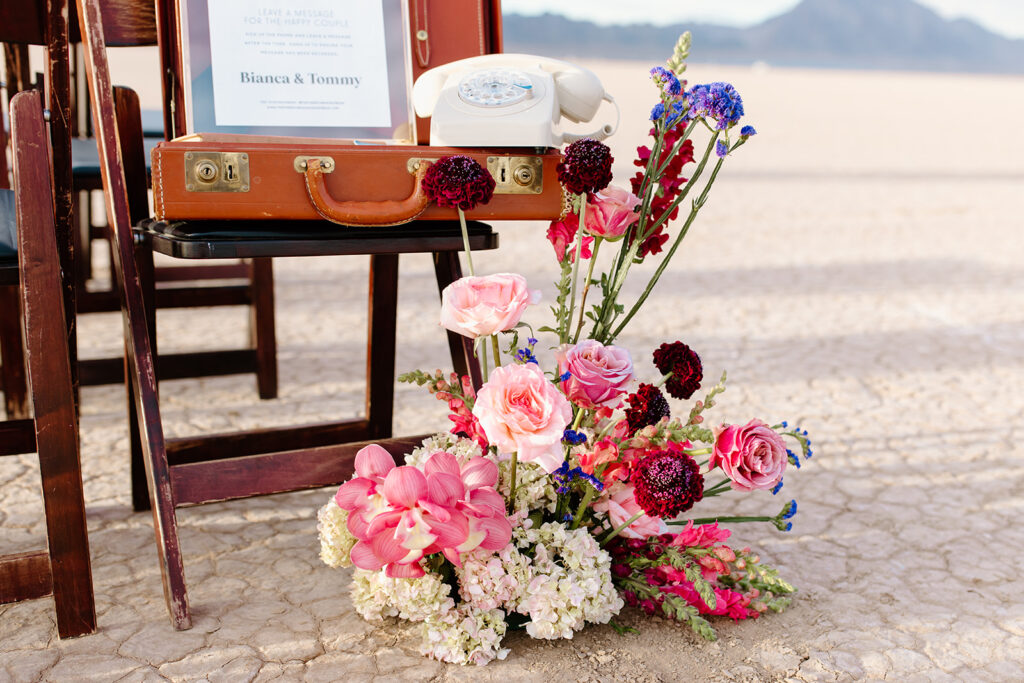 Florals at the bottom of the chair for the audio guestbook 