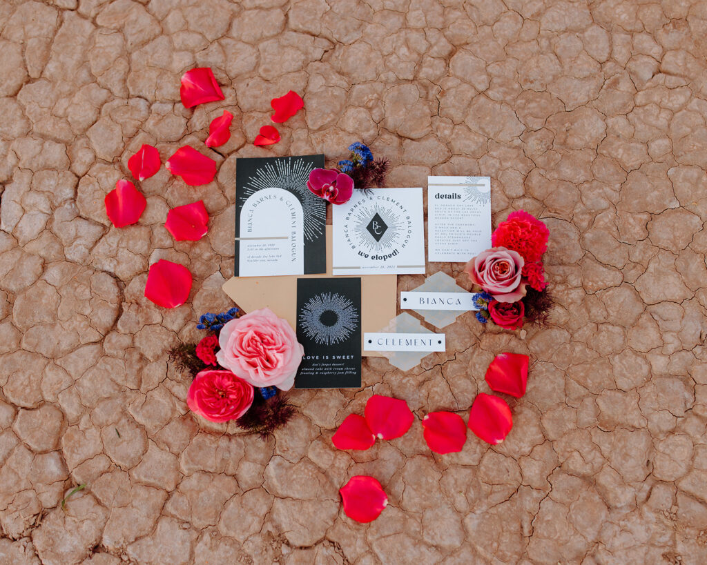 Colorful & Romantic Elopement on the Dry Lake. Modern black and white invitation suite. 