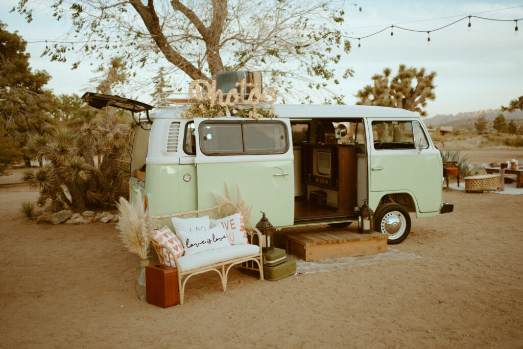 Photo Booth set up for Wedding in the Desert with Retro Van for our How to add Entertainment to your Reception Blog 