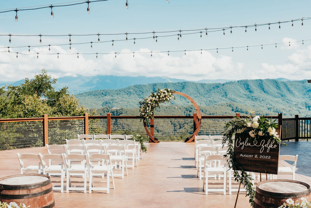 Rolling Hills and Tennessee Whiskey. Ceremony out on the patio at the magnolia venue over looking the Great Smokey Mountains 