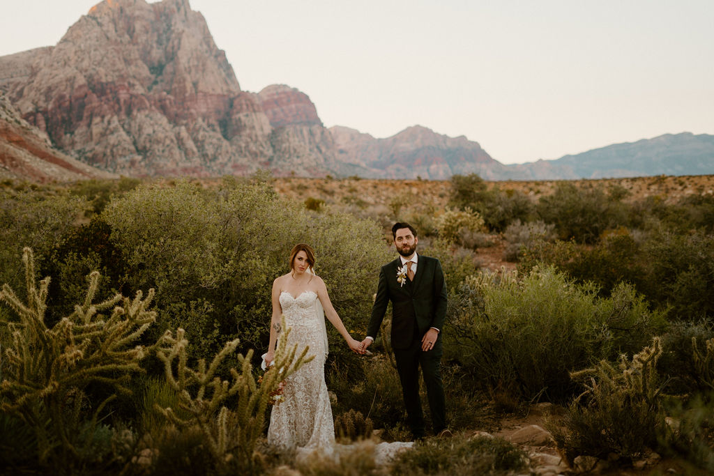 Bride and groom holding hands with a long shot of the beautiful Red Rock Canyon desert and greenery. 