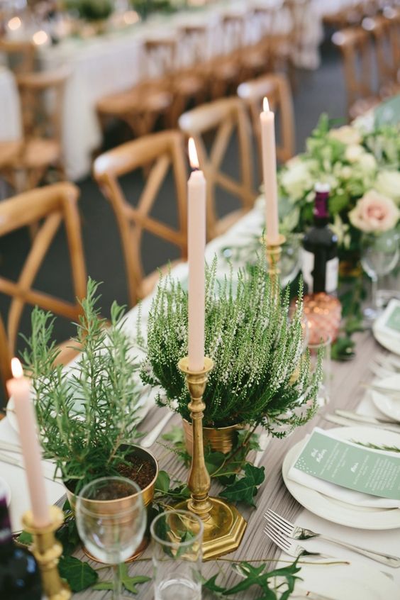 What is a Natural & Organic Styled Wedding. Beautiful greenery tablescape. With potted green plants as the centerpiece mixed in with gold votives and a light pink table candle on a grey cheesecloth runner. 