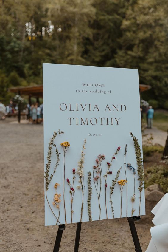 Custom welcome wedding sign with pressed dried wildflowers