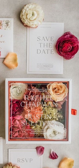 Close up of save the date, RSVP, and invitation. 