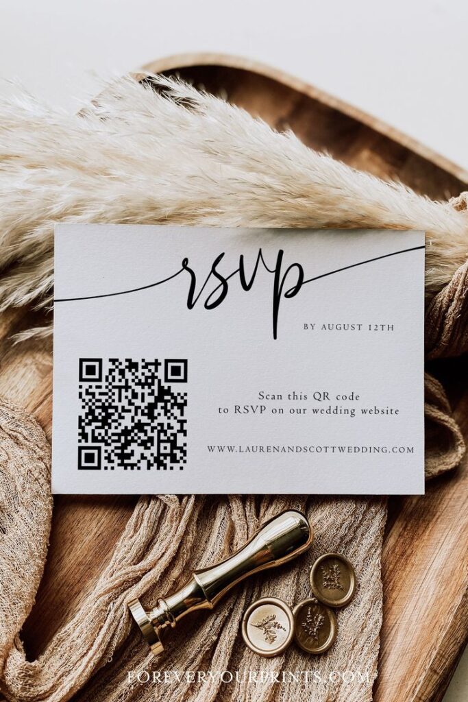 Simple calligraphy RSVP card with QR code in the corner. 