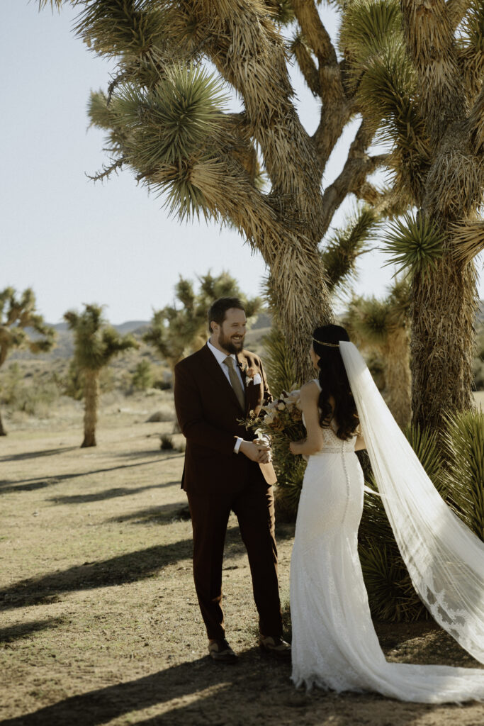 Fun & Creative Wedding Day Photo Poses and Ideas bride and groom stand in front of a large desert cactus sharing their first look. The groom smiling as he sees his beautiful bride for the first time. 