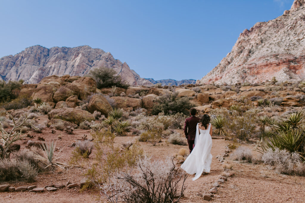 Love Unleashed: Colorful Las Vegas Elopement. Holding hands the couple walks through the Las Vegas desert. The bride wears a V-neck silk top with a long shoulder cape and tulle flowy skirt. The groom wears a deep maroon suit with purple paisley tie. 